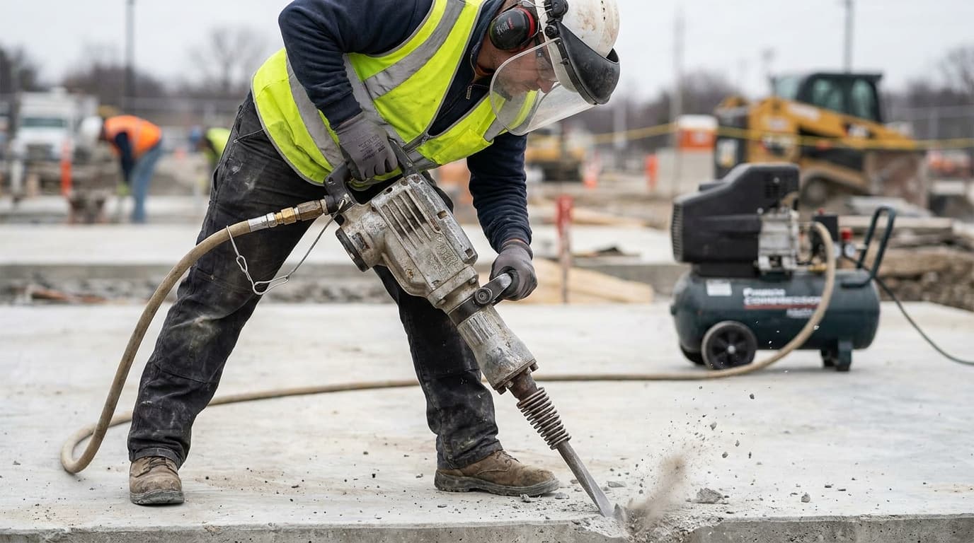 Worker wearing face shield, ear muffs, and safety vest uses a pneumatic jackhammer to break concrete, with a portable air compressor nearby.