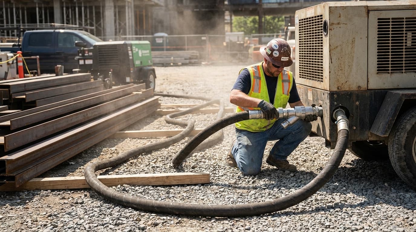 Kneeling worker in hard hat and vest connects a thick air hose to a towed air compressor unit at a gravel construction site with steel beams stacked nearby.