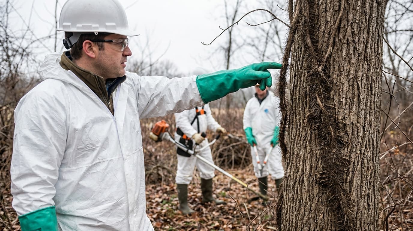 Trabajador con overol blanco, casco, lentes de seguridad y guantes verdes señala un tronco cubierto de lianas mientras dos compañeros con desbrozadoras esperan detrás en el bosque.