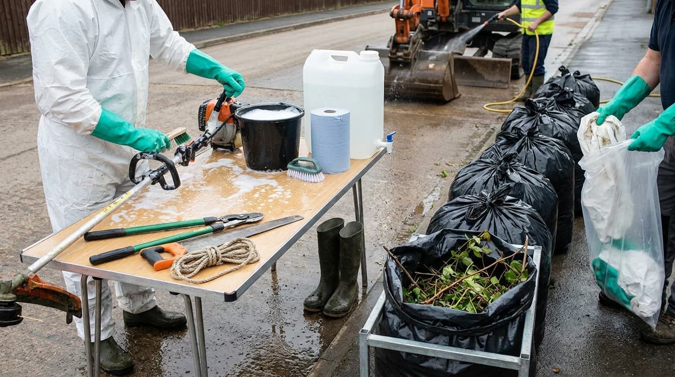 Trabajadores con overol y guantes verdes limpian herramientas con agua y jabón y cepillos en una mesa, junto a bolsas de restos vegetales y una excavadora en una calle mojada.