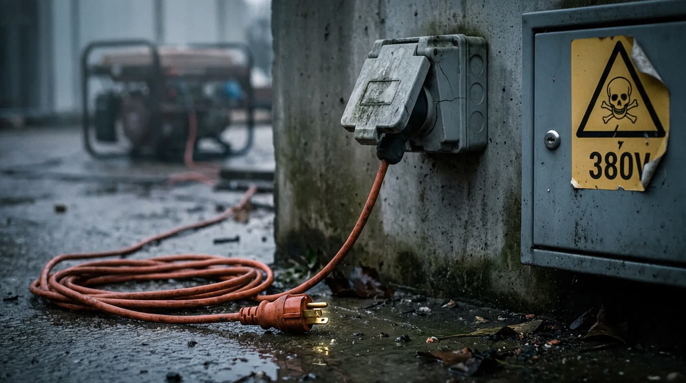 Cable de extensión anaranjado enrollado dentro de un charco, enchufado a un tomacorriente exterior junto a un gabinete metálico con una calcomanía de calavera que advierte 380V.