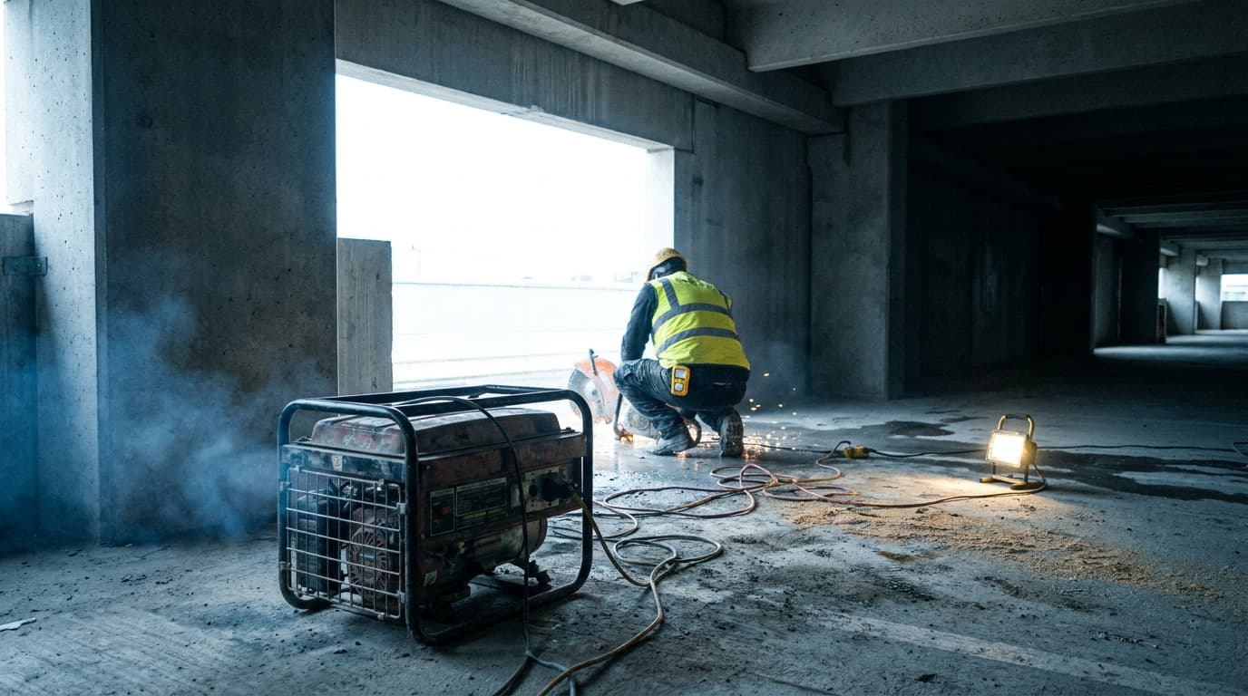 Trabajador cortando concreto dentro de una estructura parcialmente cerrada mientras un generador portátil suelta humo de escape cerca, sobre el piso.