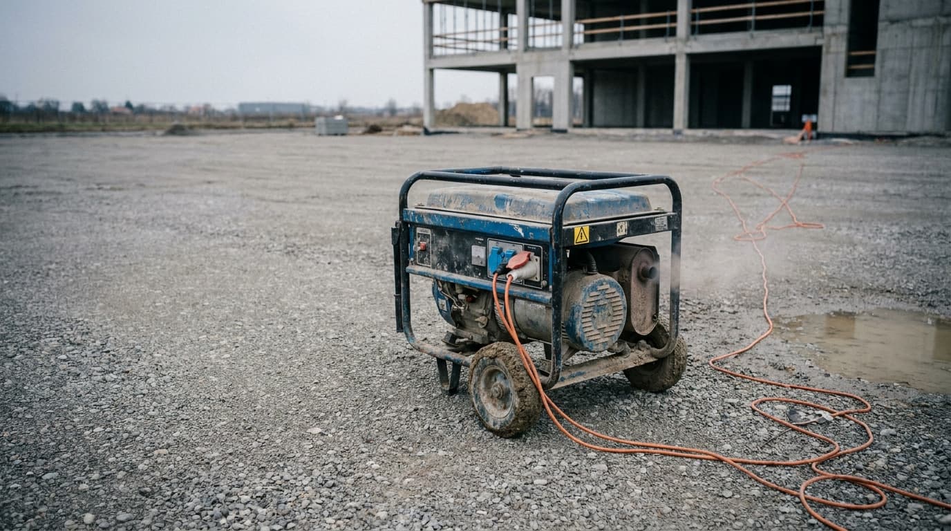 Generador portátil azul con cables de energía anaranjados sobre grava al aire libre, cerca de un edificio de concreto en construcción.