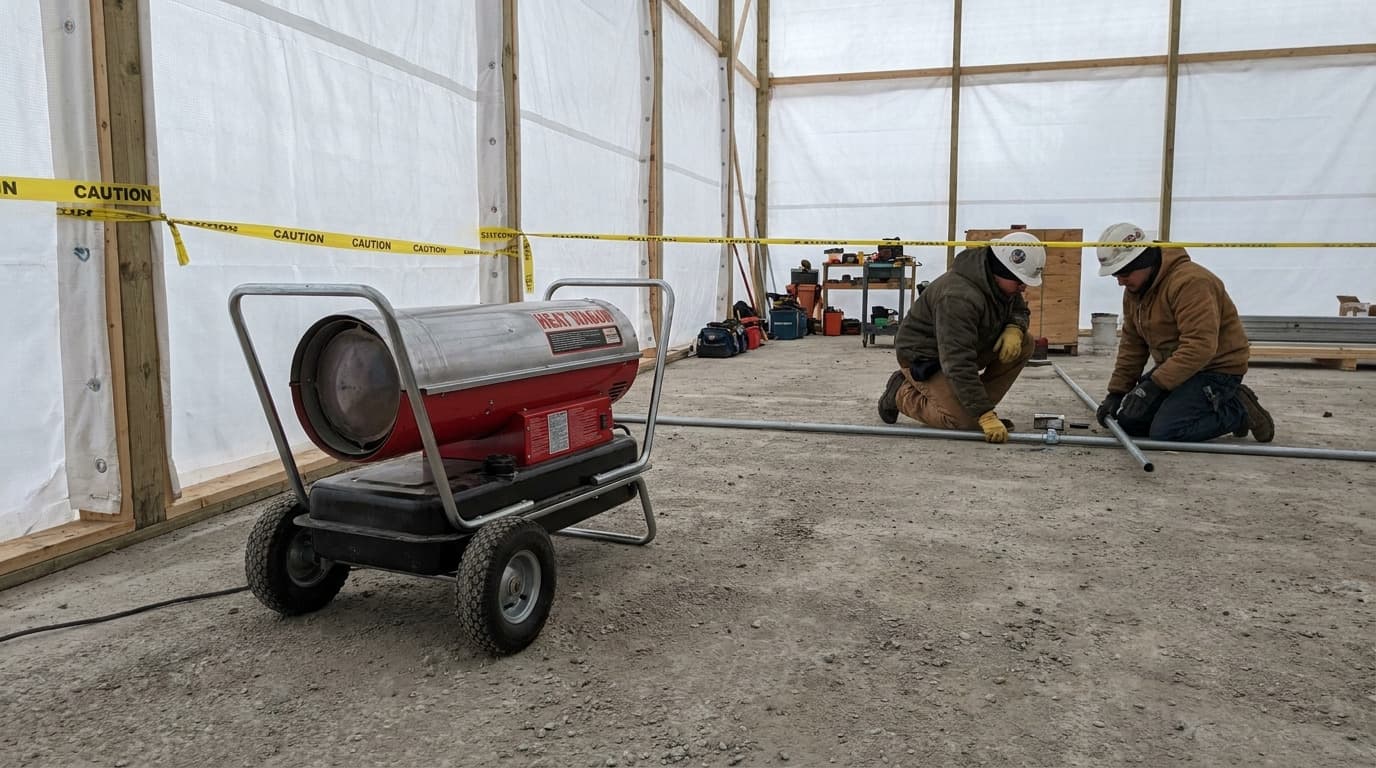 Kırmızı bir Heat Wagon ısıtıcısı, uyarı bandının arkasındaki bir çadır yapısının içinde tekerlekleri üzerinde dururken, iki işçi yerde diz çökmüş metal boru döşüyor.