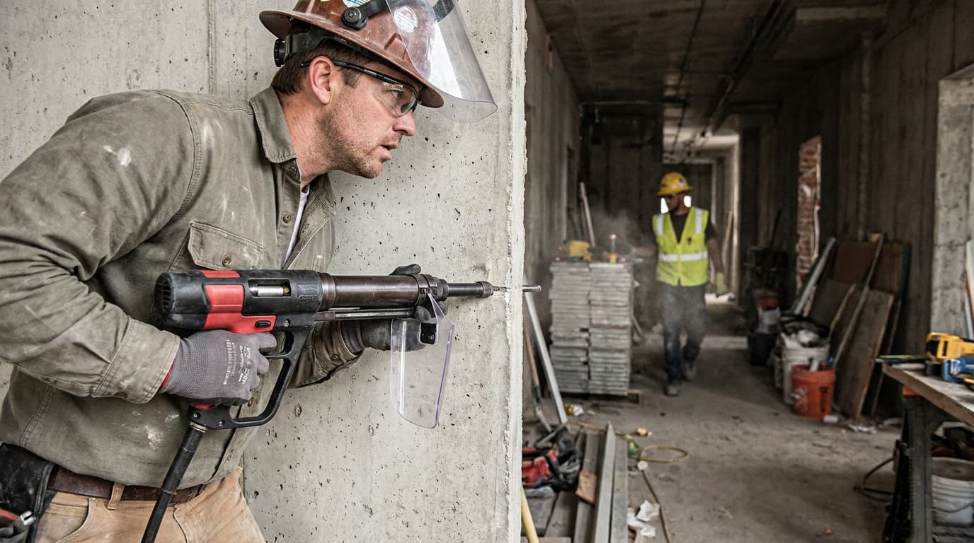 Un trabajador con casco, protector facial y lentes de seguridad usa una herramienta de fijación por pólvora contra un muro de hormigón mientras otro trabajador con chaleco de alta visibilidad y casco se acerca por un pasillo.