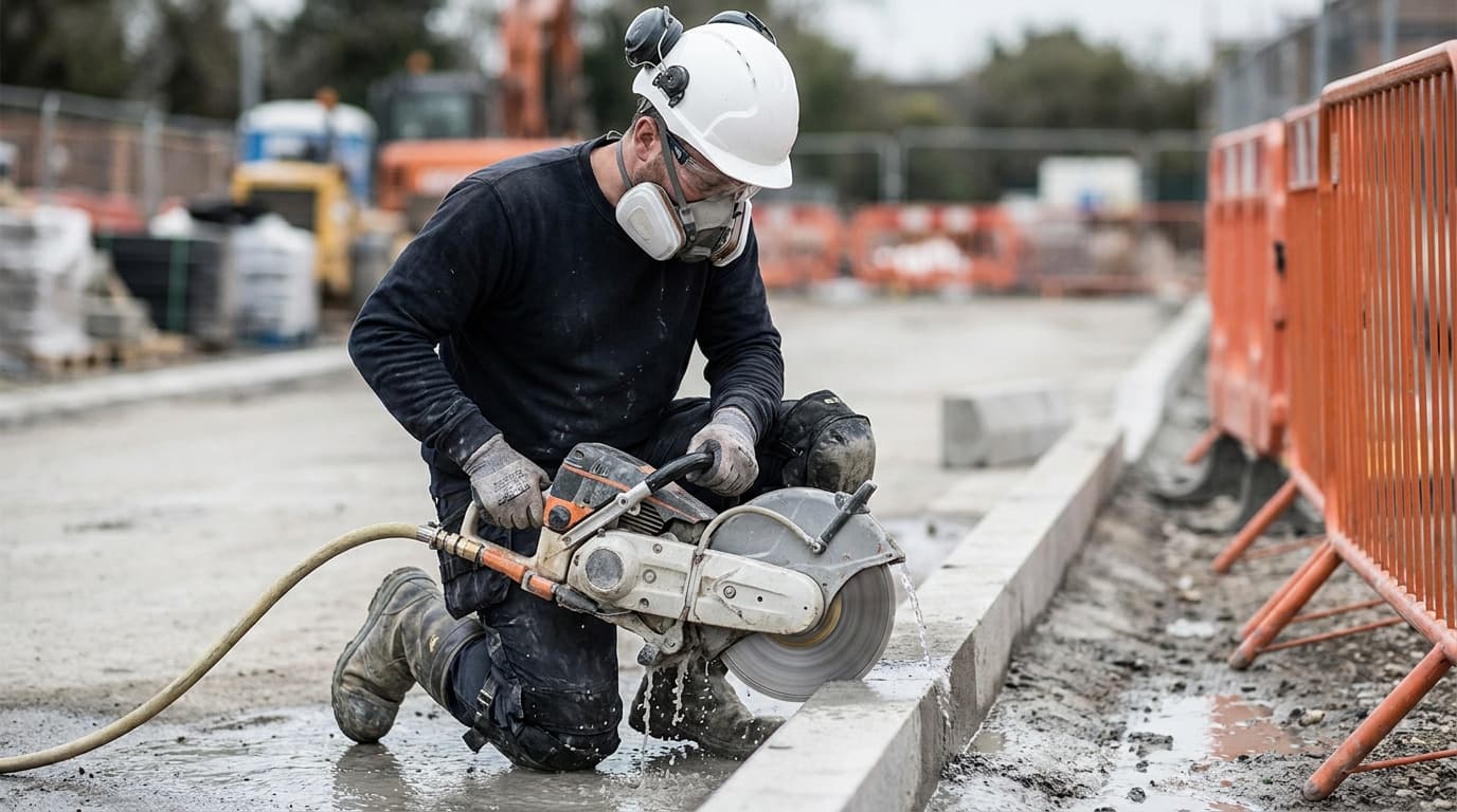 Baret, kulaklık tipi kulak koruyucu, tam koruma gözlüğü ve solunum koruyucu takan bir işçi, su soğutmalı disk testere ile beton bordür keserken diz çökmüş.