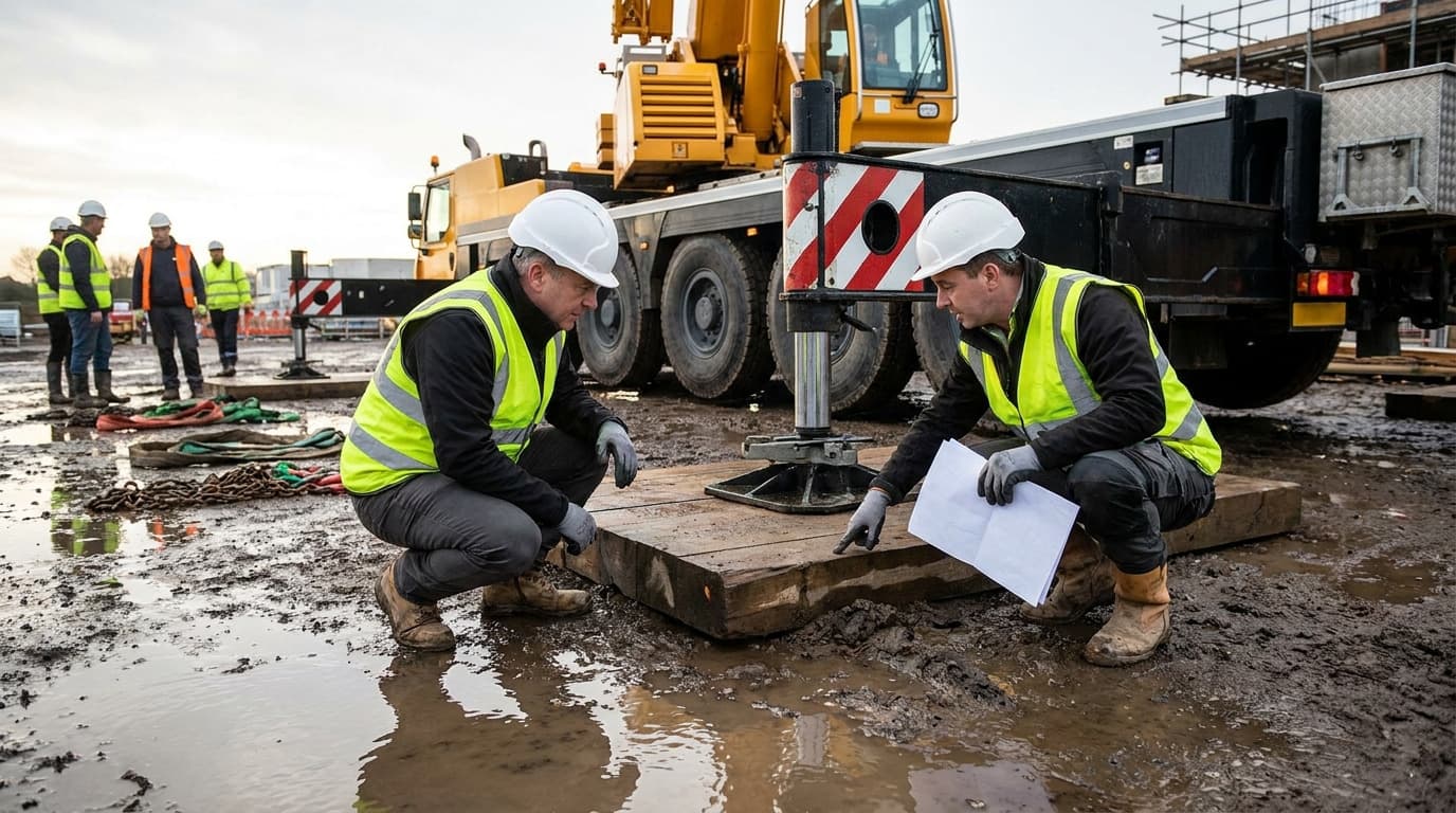 Two workers in helmets and hi-vis vests crouch by a crane outrigger pad on timber, one holding papers, muddy site, crane and truck behind, three workers in background.