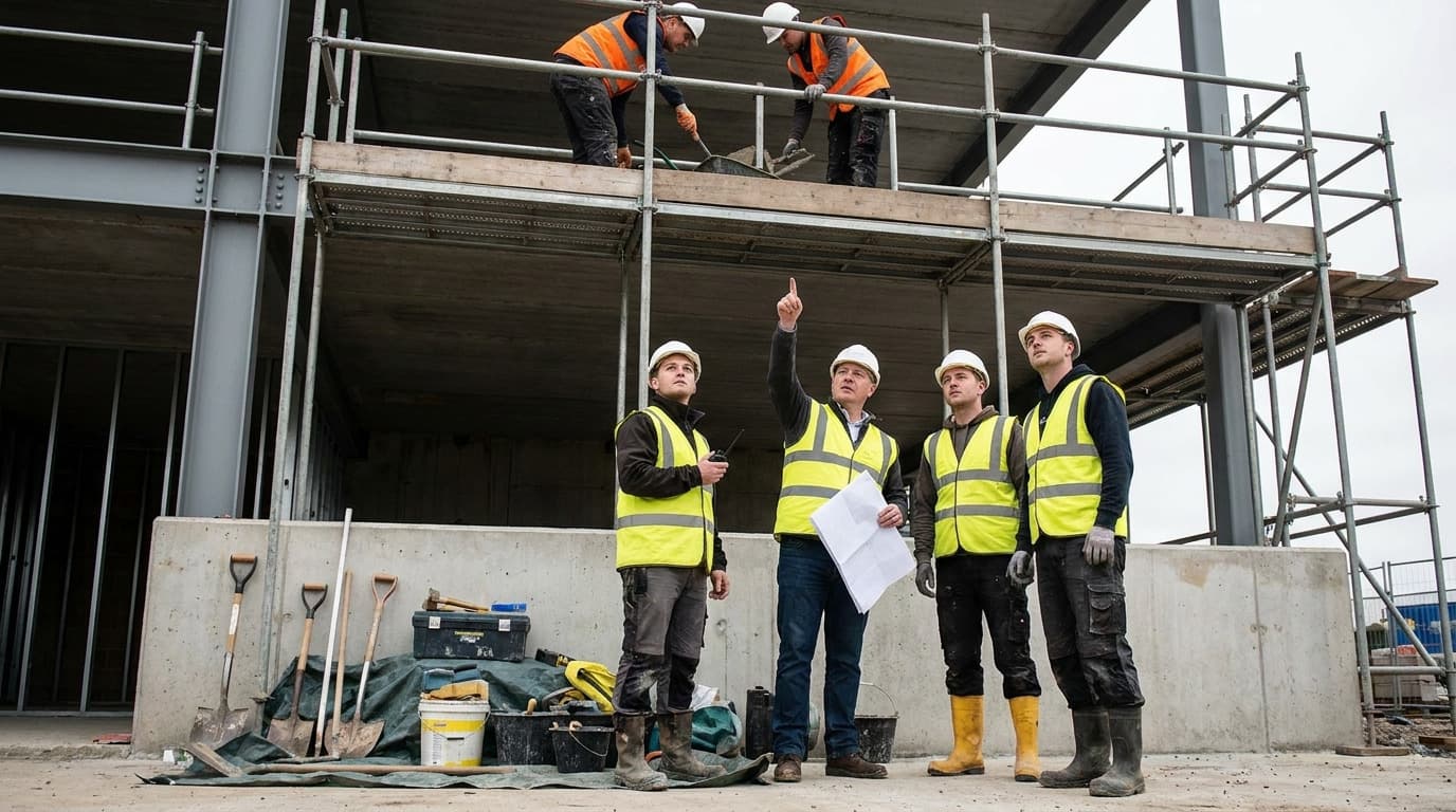 Four workers in helmets and hi-vis vests stand before a concrete building frame, one pointing upward toward two workers on scaffolding pouring concrete above.