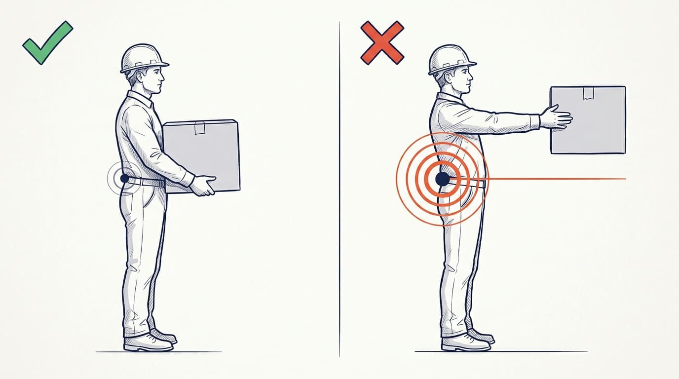 Ilustração que compara duas posturas ao carregar uma caixa: uma figura a mantém junto ao corpo com os quadris marcados, a outra a mantém com os braços estendidos e a região lombar destacada em vermelho.
