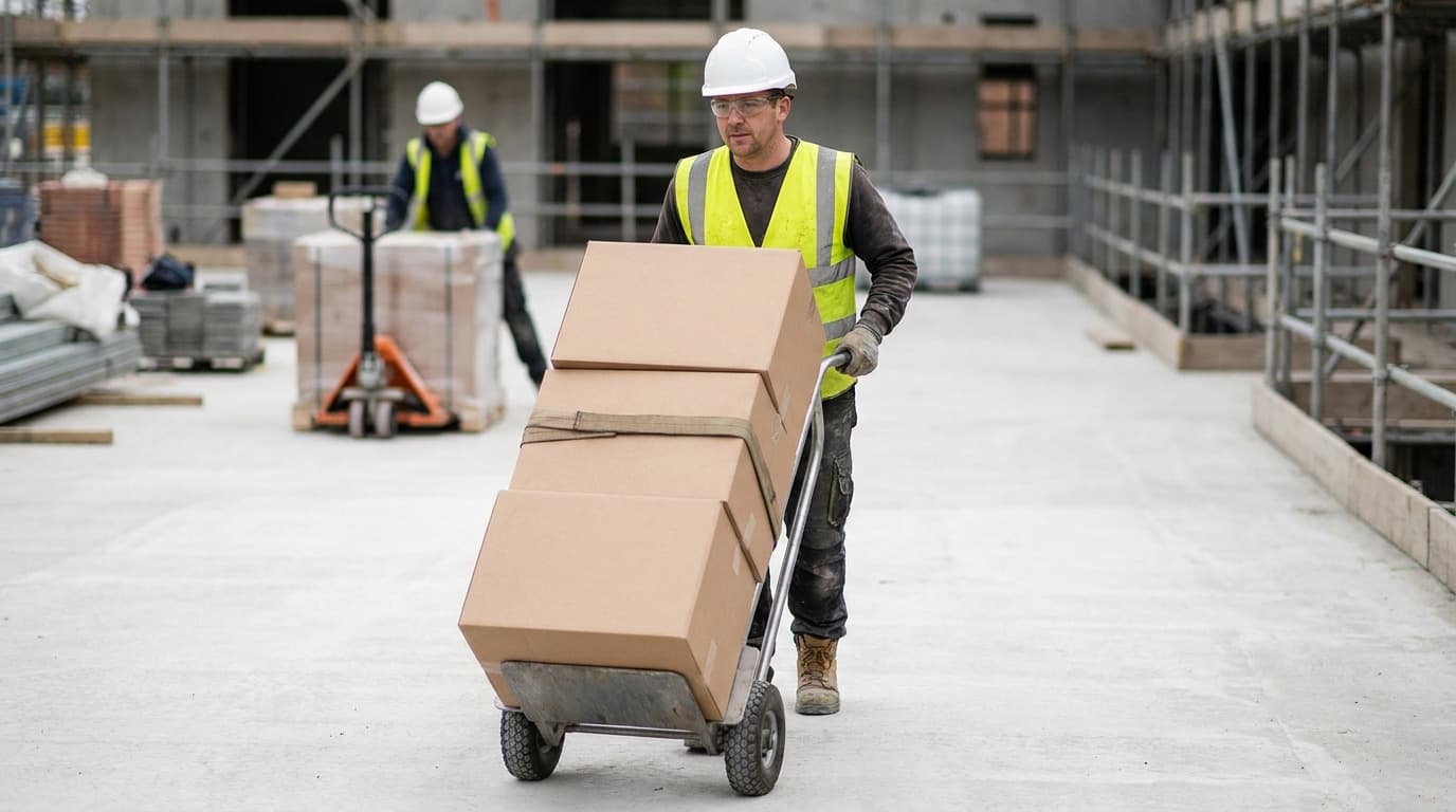 Trabalhador de capacete, óculos de segurança e colete de alta visibilidade empurra um carrinho de mão carregado com caixas de papelão empilhadas sobre o piso de concreto de um canteiro de obras.