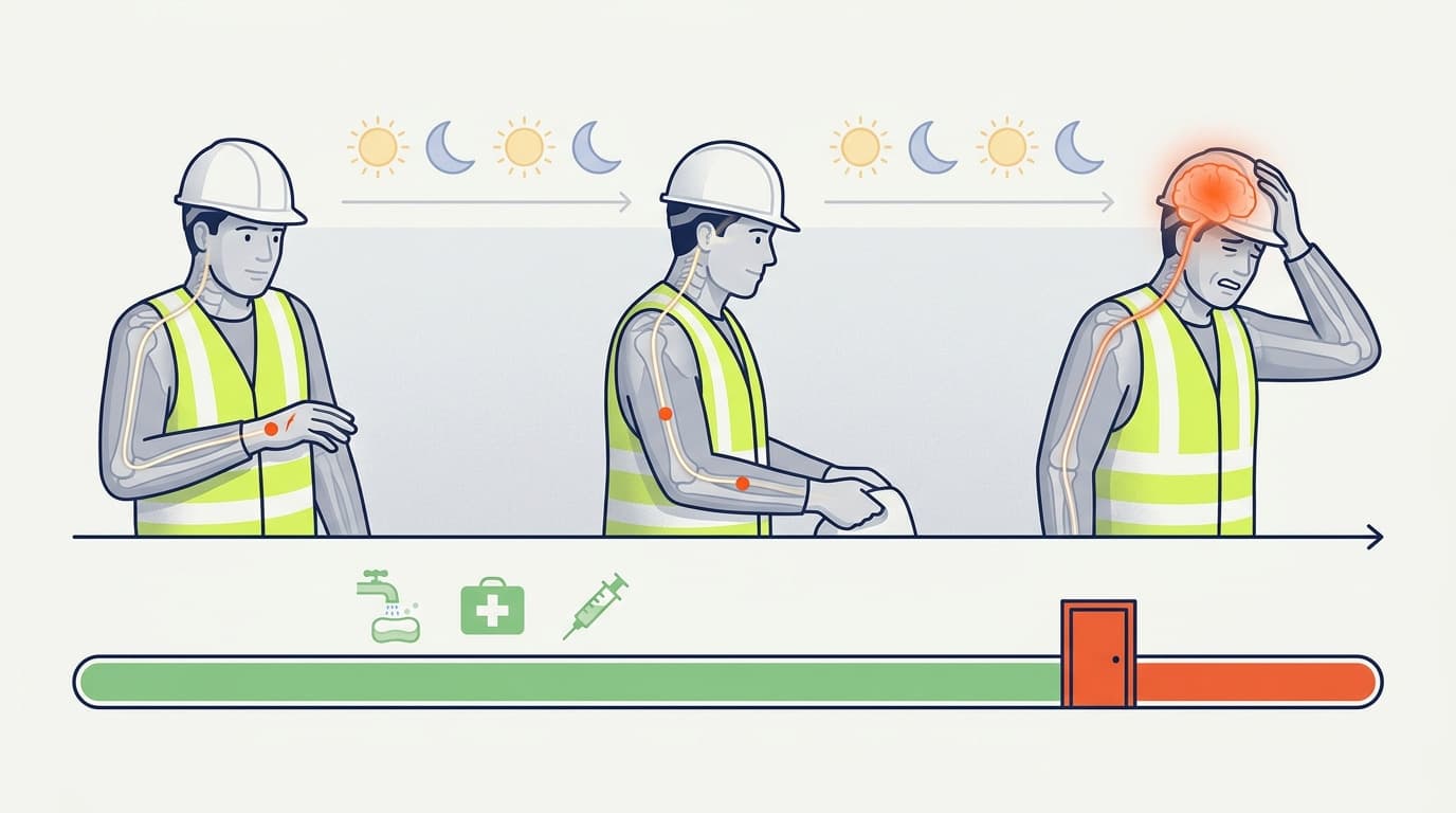 Ilustración de un trabajador que muestra tres etapas de una mordedura en el brazo que progresa a lo largo de ciclos de día y noche hasta un dolor cerebral rojo brillante, sobre una barra de línea de tiempo verde a rojo con un ícono de puerta.