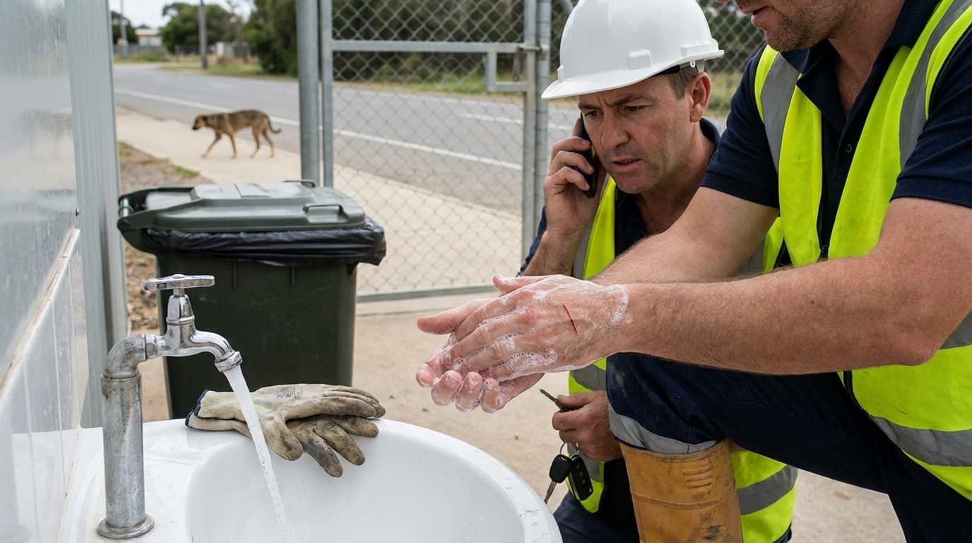 Dos hombres con chaleco de alta visibilidad se lavan las manos con jabón en un lavabo exterior, uno hablando por teléfono, con un arañazo sangrante visible en una mano, y un perro cruzando la calle detrás de una cerca.
