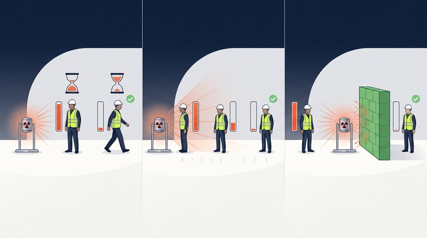 Ilustração em três painéis mostrando trabalhadores perto de uma fonte radioativa, demonstrando tempo, distância e blindagem com ampulhetas, barras de radiação e uma parede de barreira.