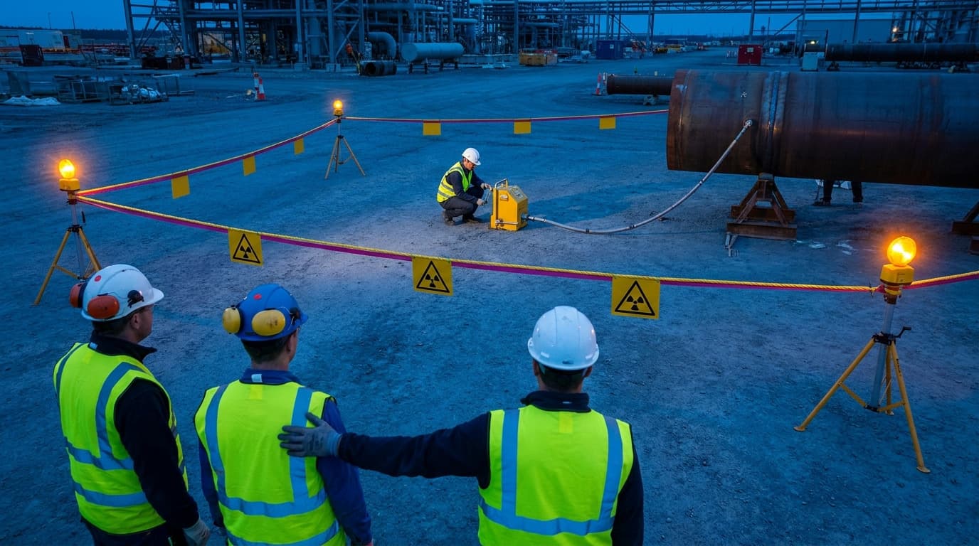 Três trabalhadores de colete de alta visibilidade e capacete observam uma instalação de radiografia industrial marcada com placa de advertência de radiação e barreiras de corda ao anoitecer em um canteiro industrial.