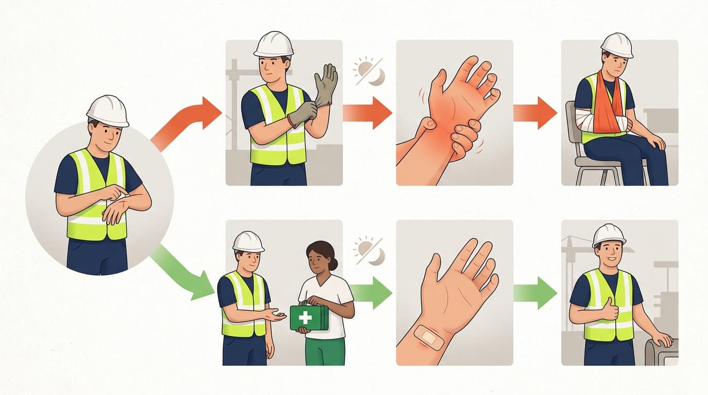 Illustrated flowchart of a worker's wrist injury showing two paths: untreated leading to swelling and a sling, treated leading to first aid kit, bandage and thumbs up.