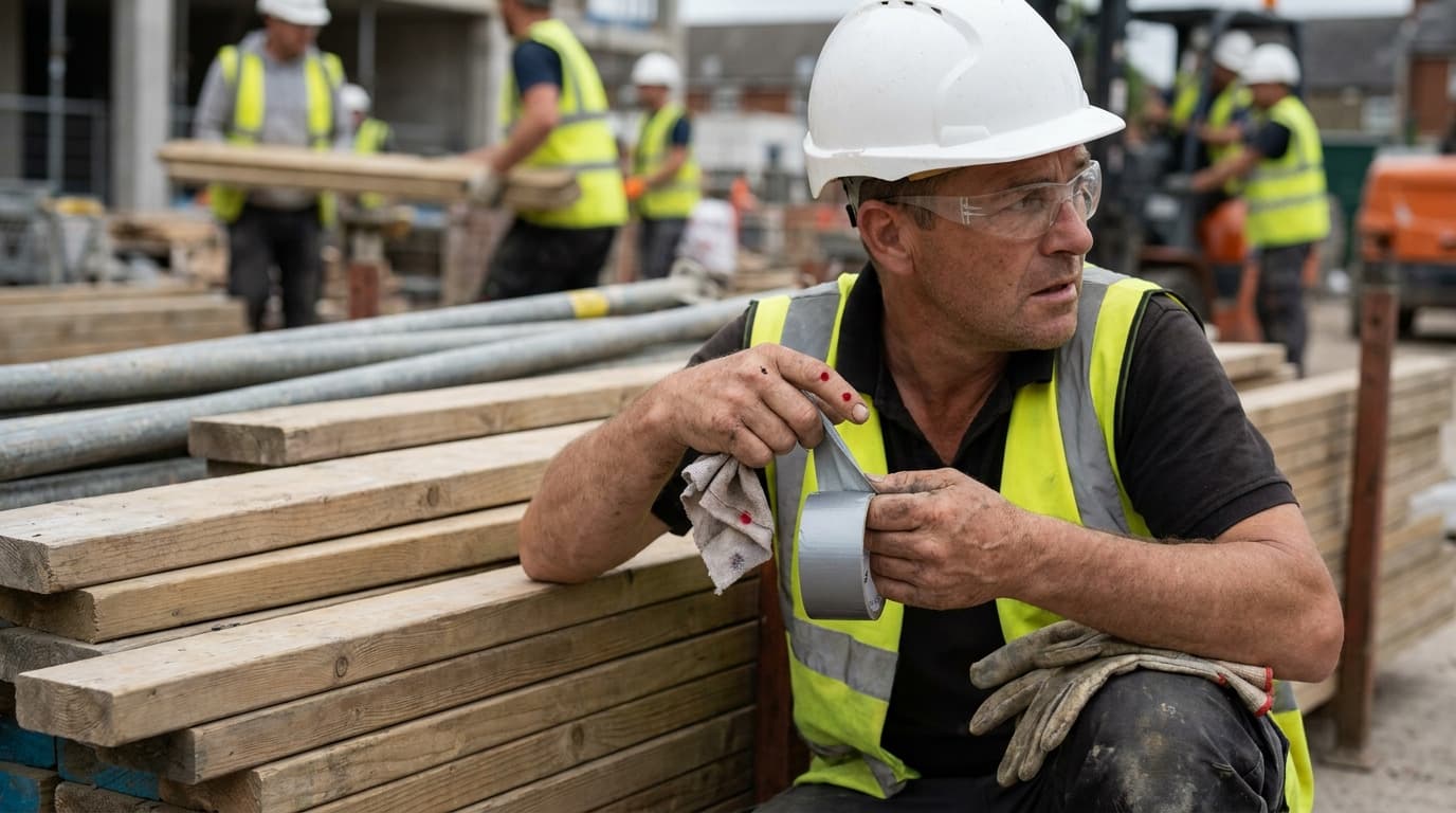 Construction worker in hard hat and hi-vis vest sits on timber stack, wrapping duct tape around his hand, other workers carrying wood behind him.