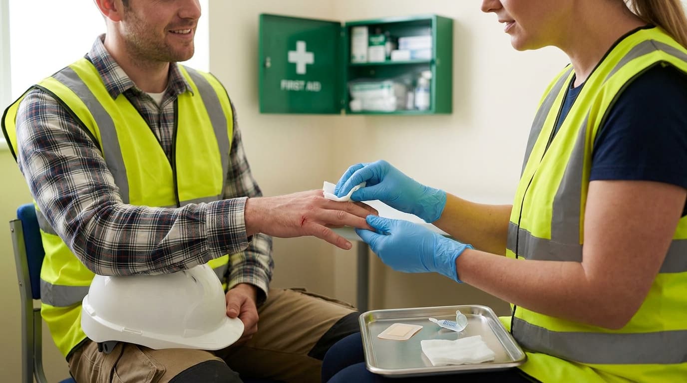 Seated man in hi-vis vest has a cut on his finger cleaned by a woman wearing blue gloves and hi-vis vest, first aid cabinet mounted on wall behind them.