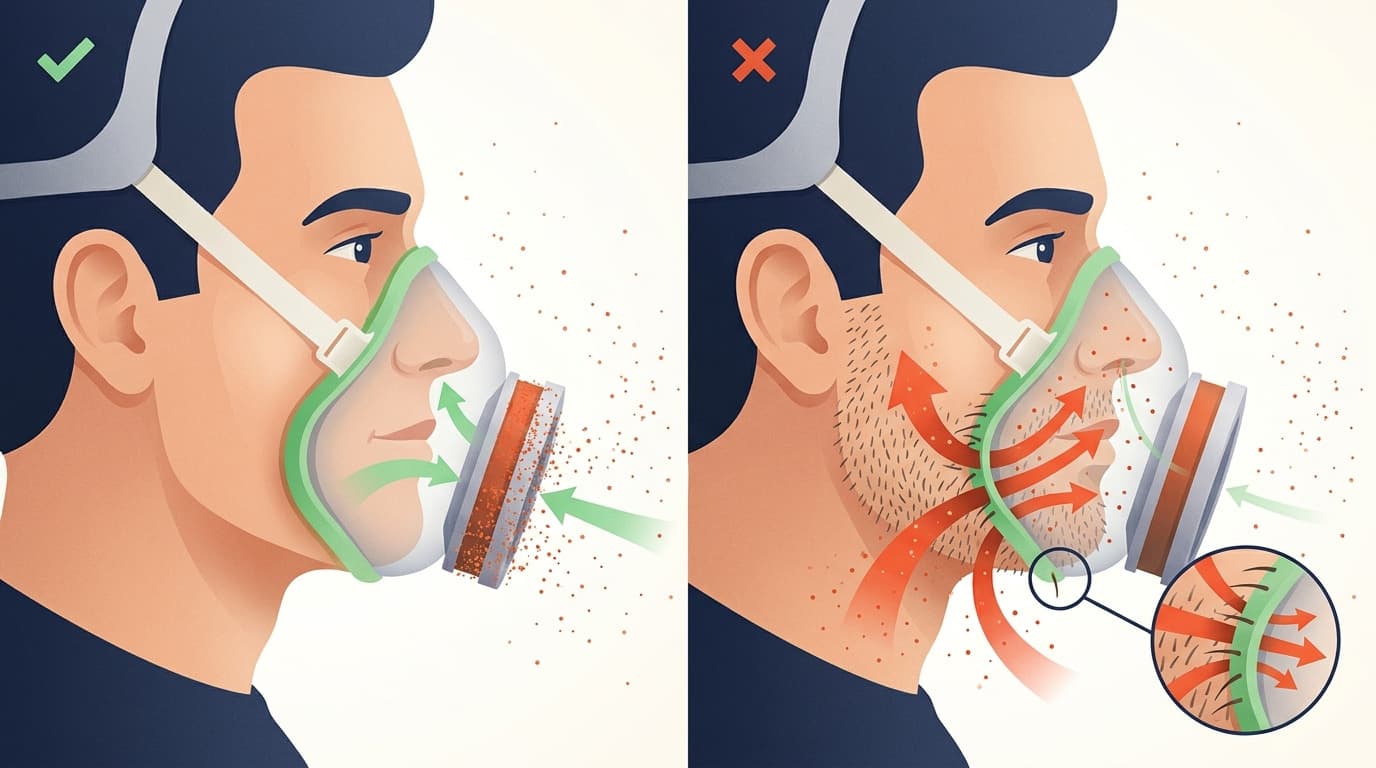 Sakalsız ve sakallı yüzde maske sızdırmazlığını karşılaştıran, yüz kıllarından sızan toz parçacıklarını oklarla gösteren bölünmüş bir çizim.