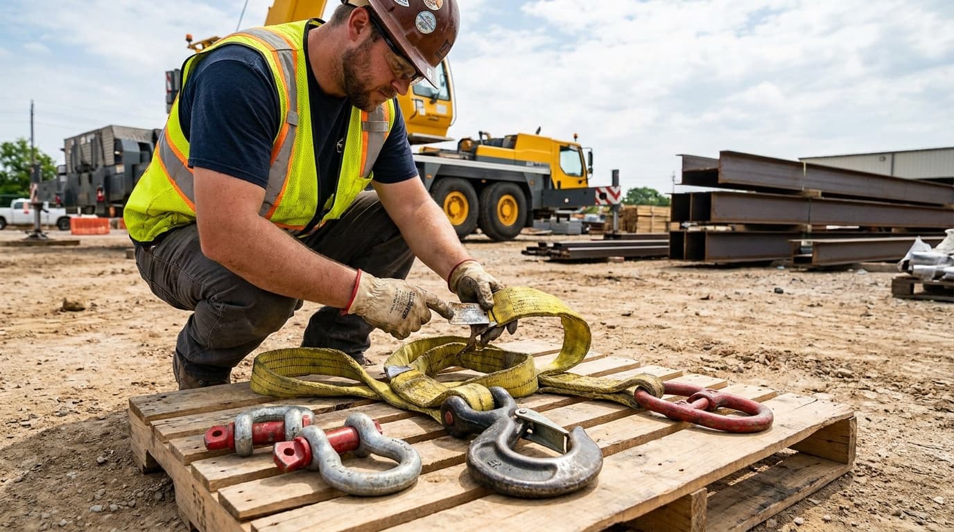 Worker in hard hat and safety vest kneels on wooden pallet, inspecting yellow lifting sling near shackles and hooks, crane and steel beams behind.
