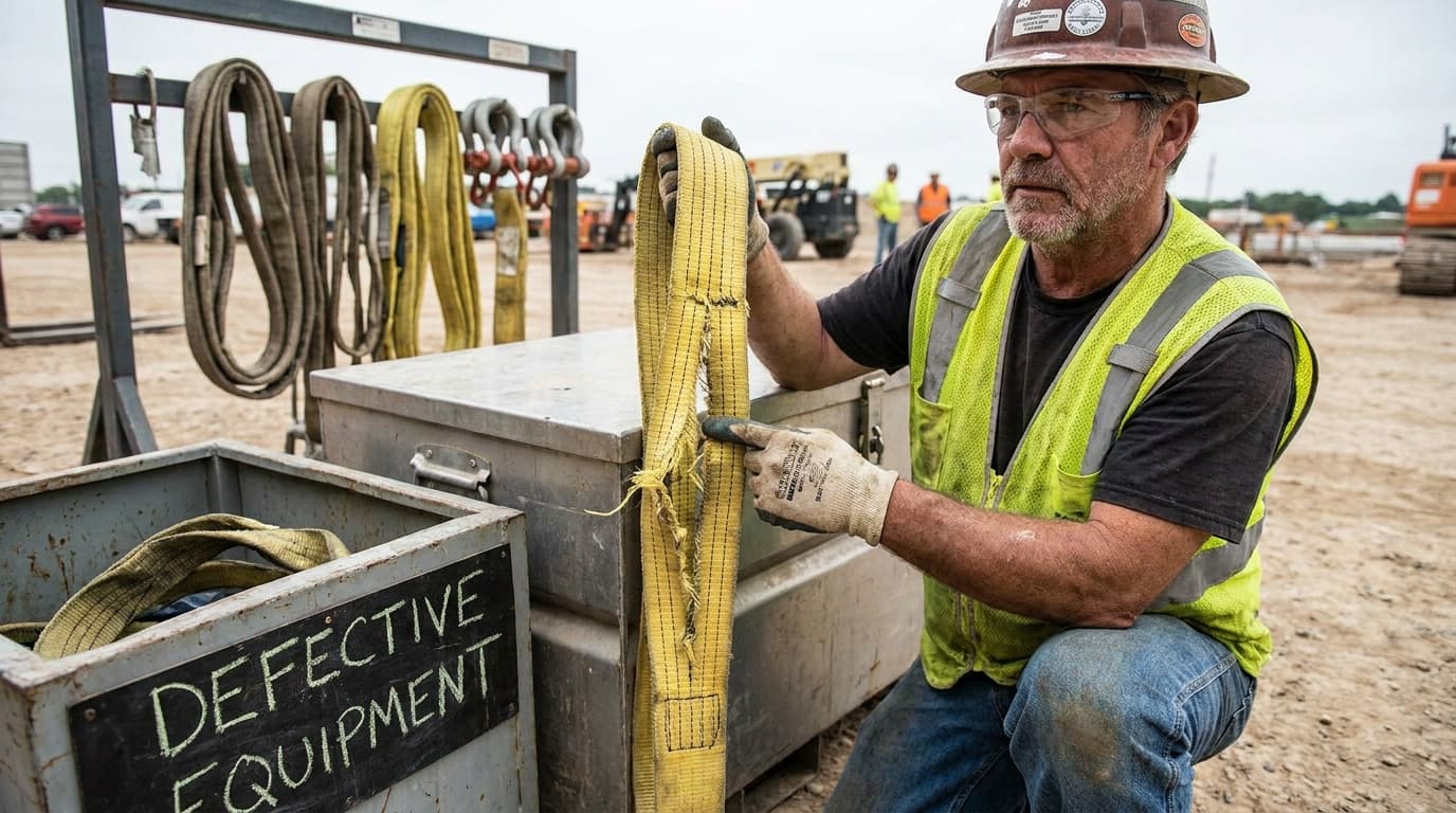 Man in hard hat and vest holds frayed yellow sling near a metal bin labeled 'Defective Equipment', other slings and hooks hang on rack nearby.