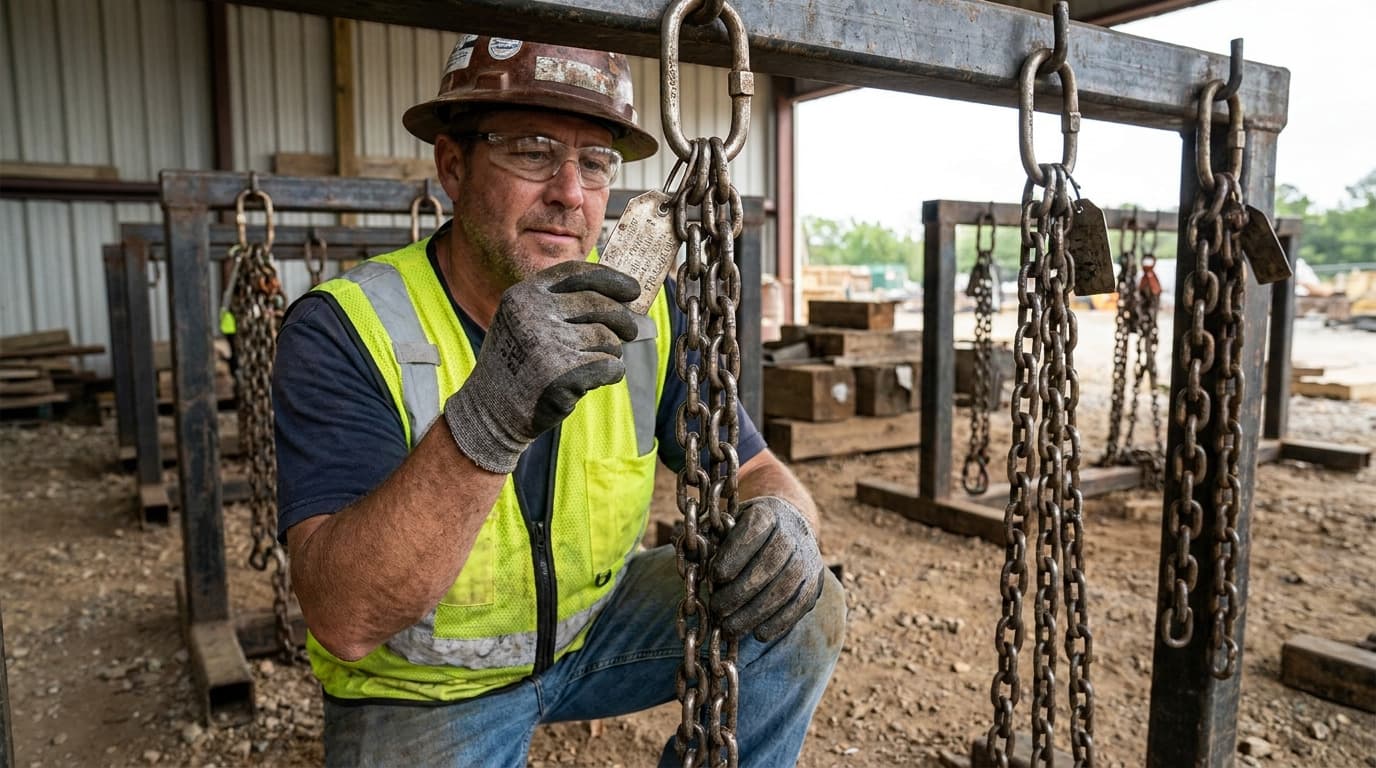 Worker in hard hat examines hanging metal chains with inspection tags on a rigging rack, storage yard with wood and equipment in background.