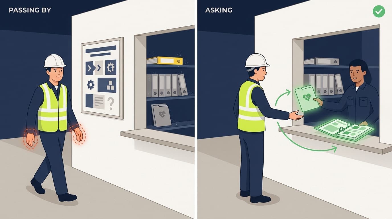 Split illustration: worker in hardhat and vest walking past a records window, versus worker asking and receiving a folder from a person behind the window.
