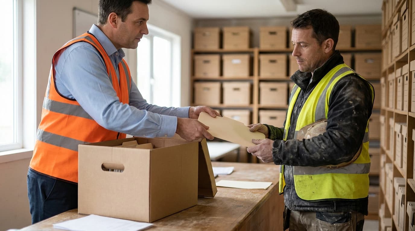 Two men in high-visibility vests exchange an envelope over a cardboard box, standing before shelves filled with labeled storage boxes.