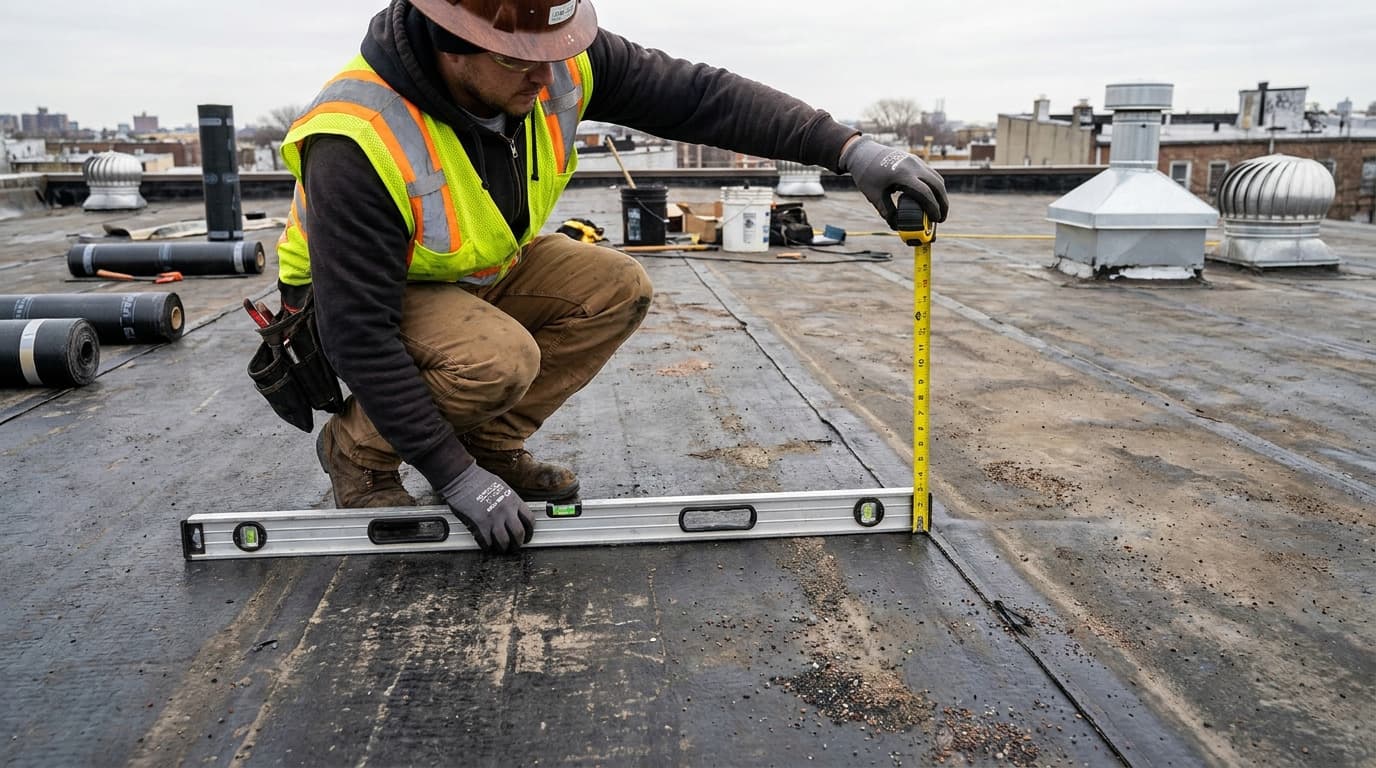 Worker in hard hat and safety vest kneels on flat roof, using a level and yellow tape measure near roofing membrane and vent stacks.