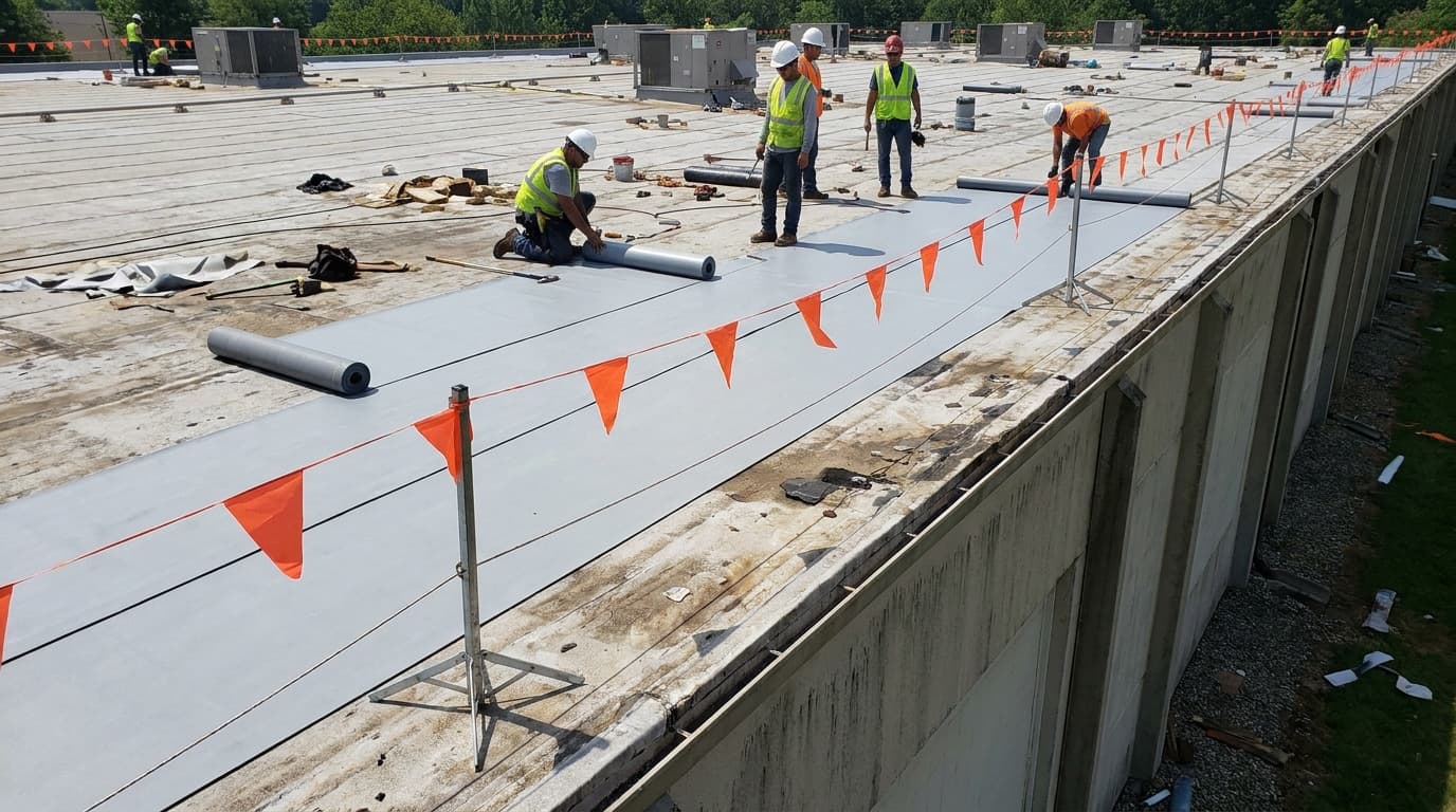 Crew of roofers in vests and helmets install gray membrane roofing on a flat roof edge lined with orange safety flags on a warning line.