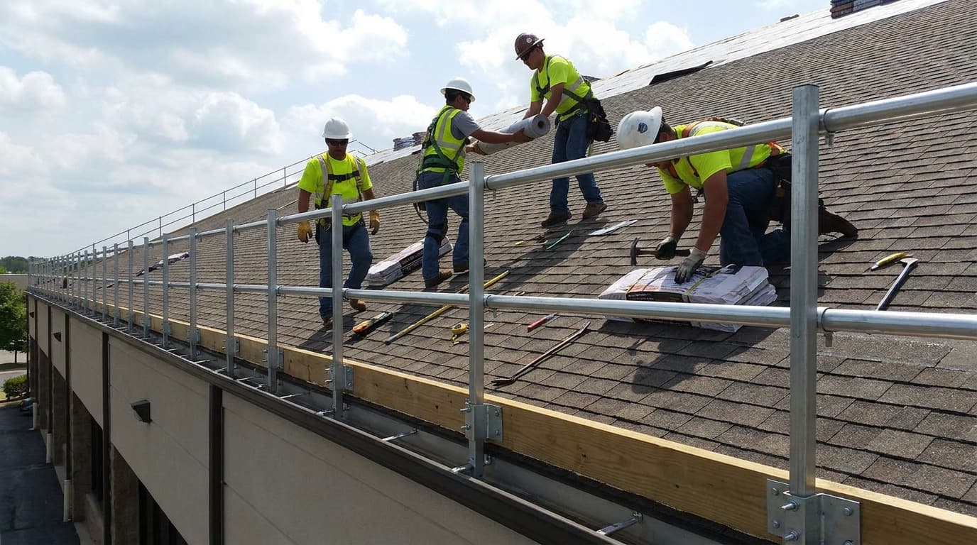 Four roofers in safety vests and helmets work along a sloped shingle roof protected by a pipe guardrail system at the roof edge.