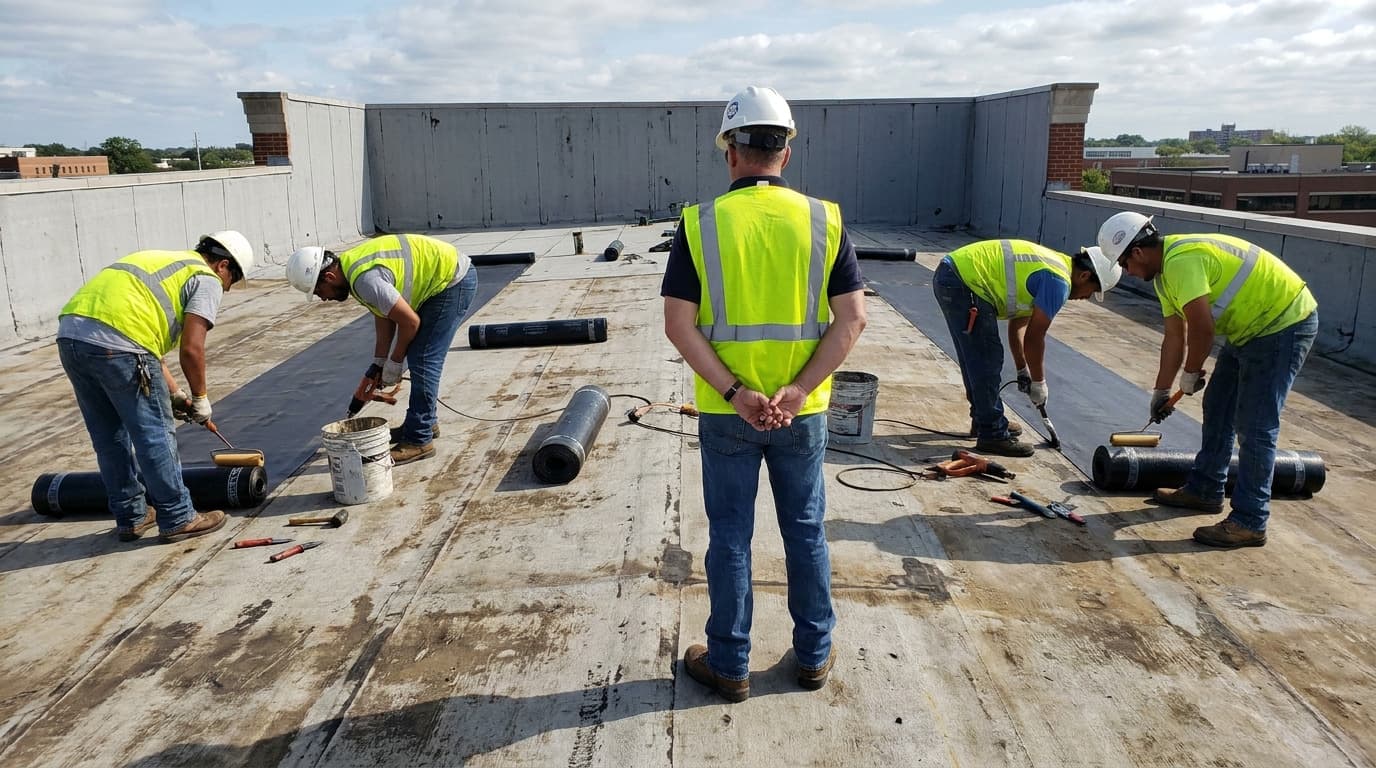 Supervisor in safety vest stands watching five workers applying roofing felt with rollers and buckets on a flat rooftop.