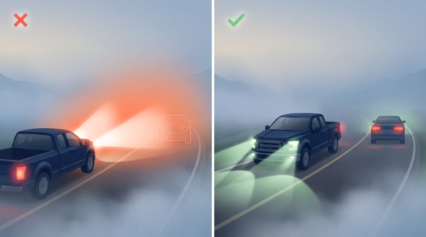 Split illustration comparing high beam headlights creating orange glare in fog versus low beam headlights showing clear visibility of a car ahead.