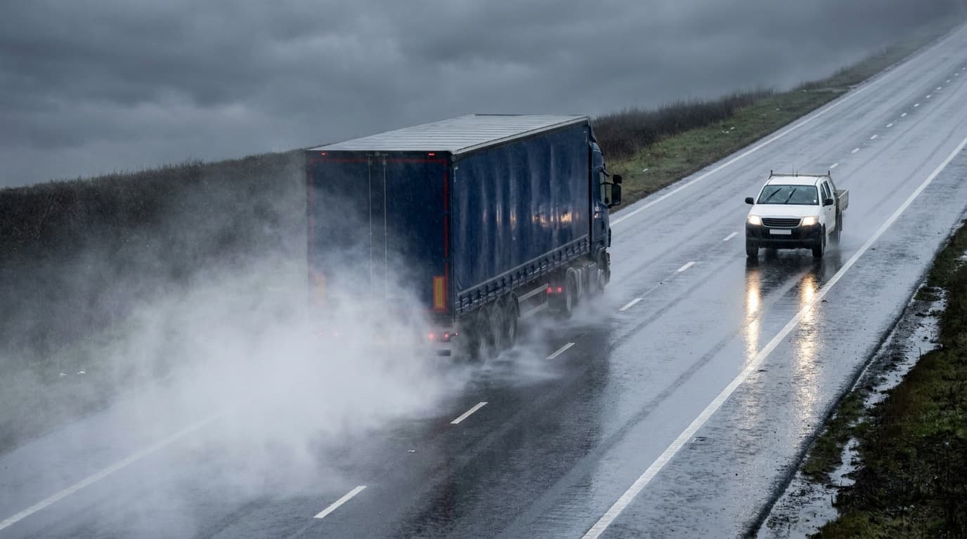 Truck trailer kicking up spray on a wet highway as a white pickup with headlights on approaches from behind under a cloudy sky.