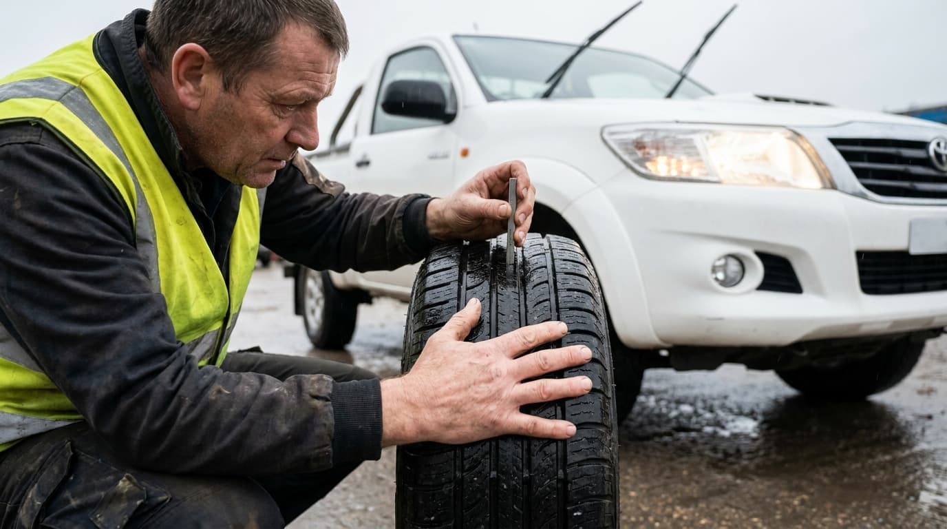 Man in a hi-vis vest kneeling to inspect a tire tread with a small tool, white pickup truck with headlight on parked behind him.