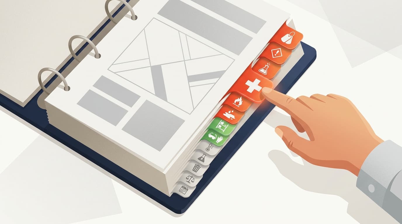 Illustration of a hand pointing to color-coded tabbed binder with hazard icons like flame, cross, flask, and warning signs on orange and green tabs.