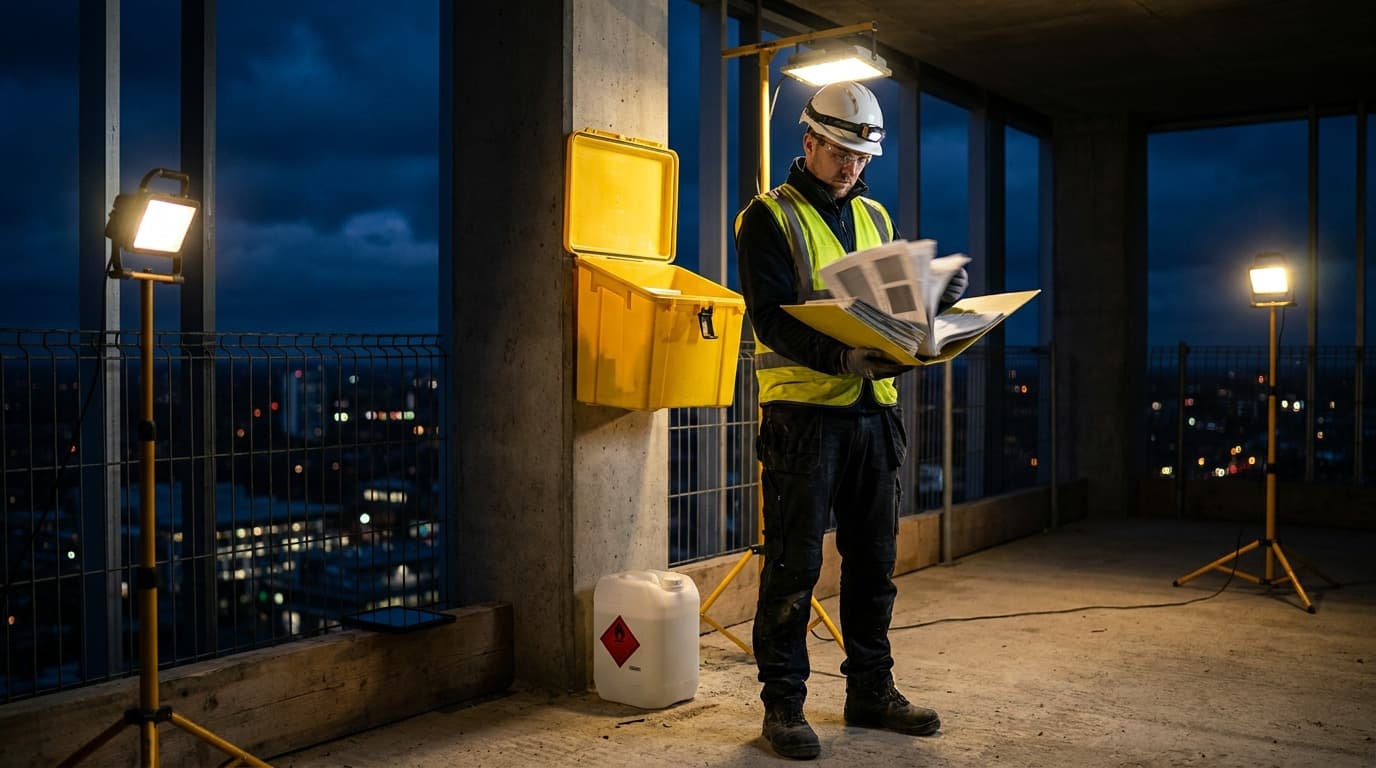 Worker in hard hat and hi-vis vest reads a binder of documents at night on an unfinished high-rise floor, beside a yellow container and hazard-labeled canister.