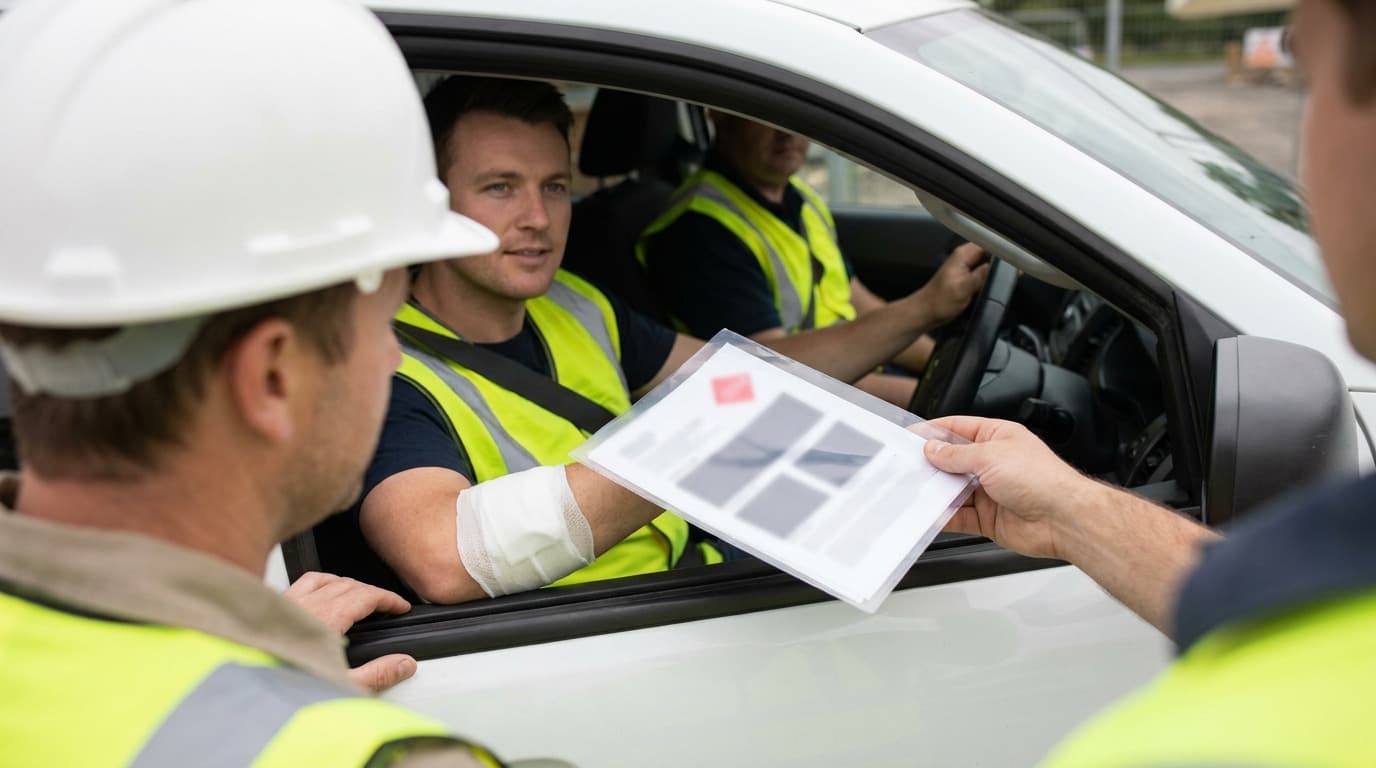 Man with bandaged arm sits in car passenger seat receiving a document in a plastic sleeve from a worker in hard hat and hi-vis vest outside.