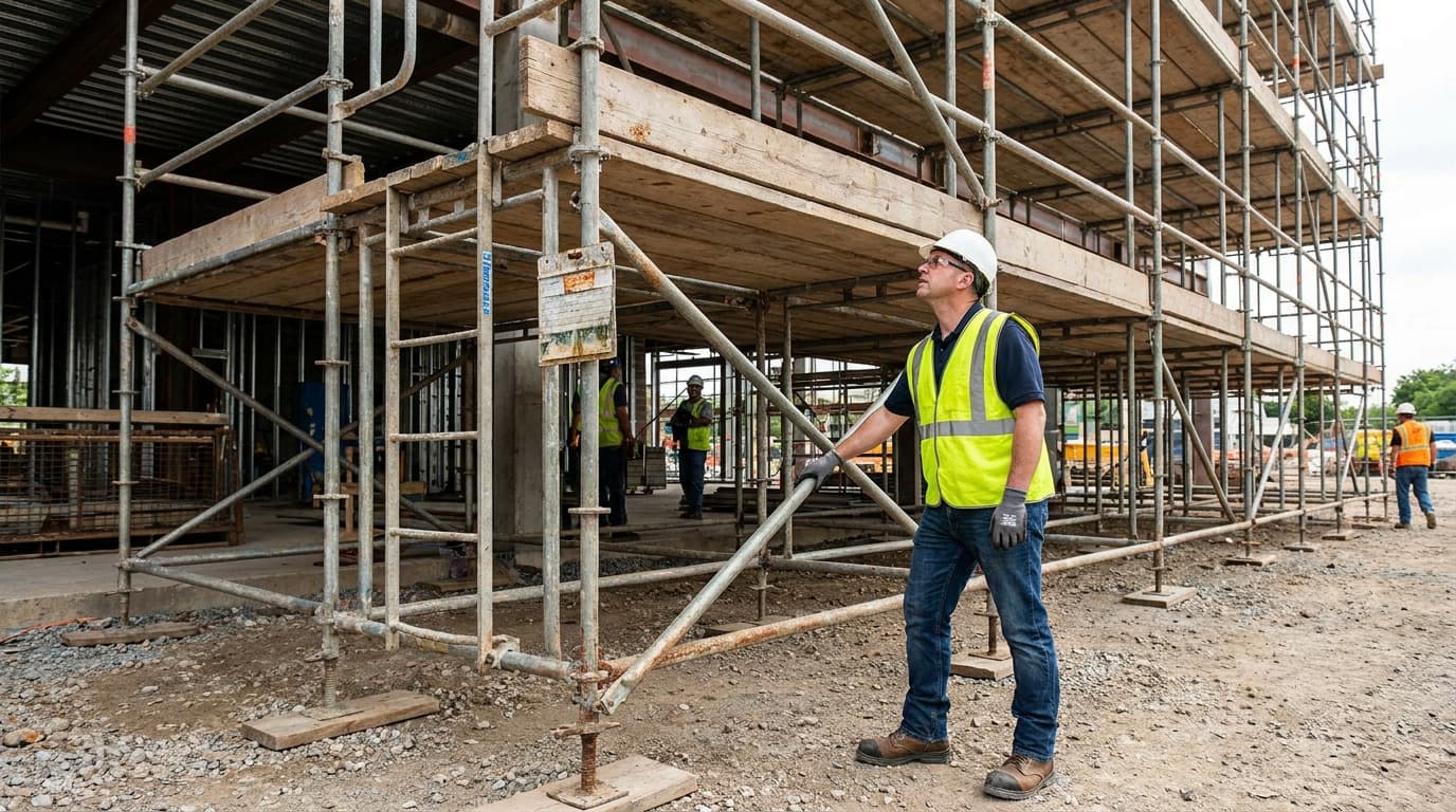 A worker in hard hat and yellow safety vest holds a scaffold pole, looking up at multi-level scaffolding beside a concrete building under construction.