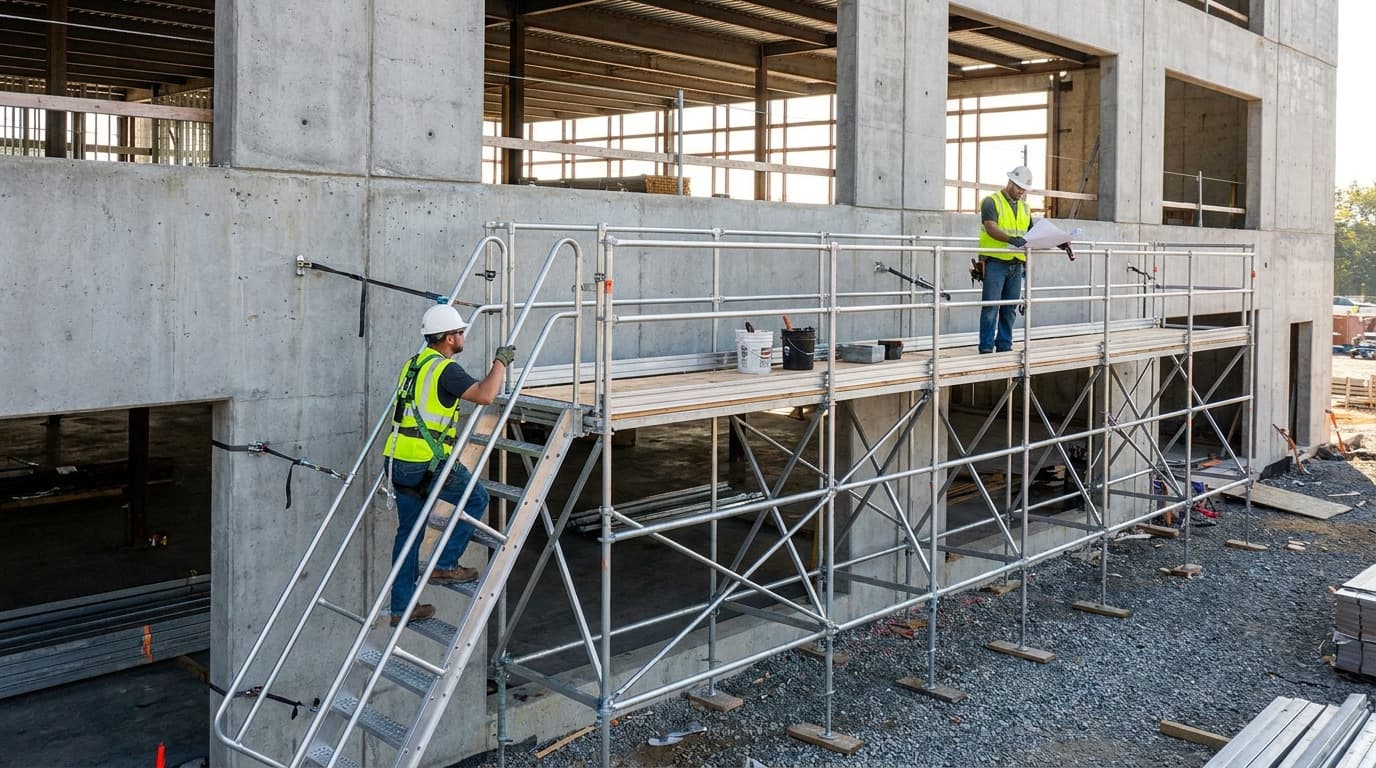 Two workers in hard hats and yellow vests on an aluminum scaffold platform with stairs, one holding papers, beside an unfinished concrete building.