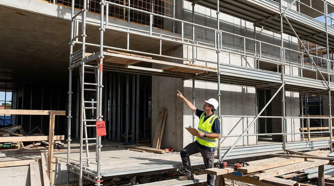 A worker in hard hat and yellow vest points upward at scaffolding while holding a clipboard, with an out-of-service tag hanging on a ladder nearby.