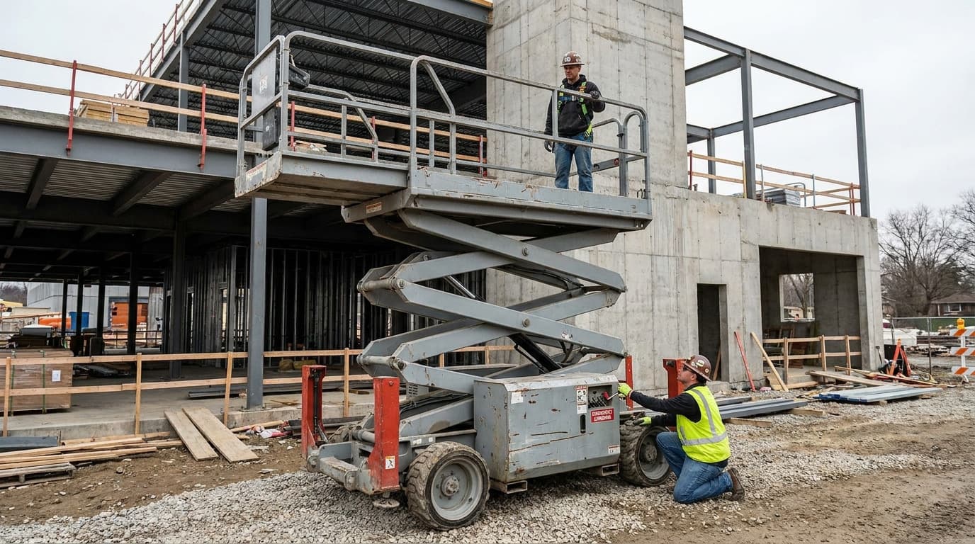 Un trabajador está de pie sobre una plataforma de tijera gris junto a una columna de concreto mientras otro, arrodillado, opera los controles de suelo en una obra de estructura de acero de varios pisos.