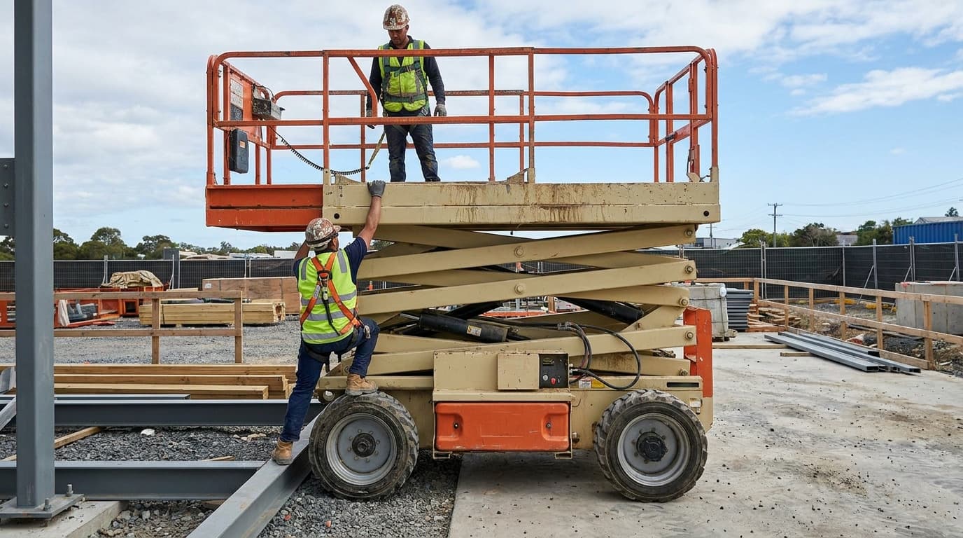 Dos trabajadores con chaleco de alta visibilidad interactúan con una plataforma de tijera color beige y naranja, uno de pie sobre la plataforma elevada y otro alcanzando desde la losa de concreto.