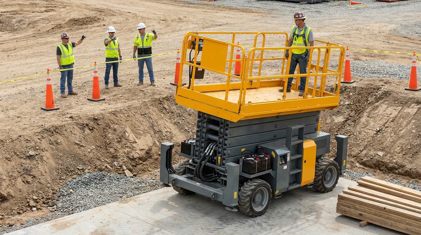 Un trabajador está de pie sobre una plataforma de tijera amarilla elevada cerca de una zanja excavada, mientras otros tres trabajadores con chaleco de alta visibilidad observan detrás de conos de seguridad naranjas.