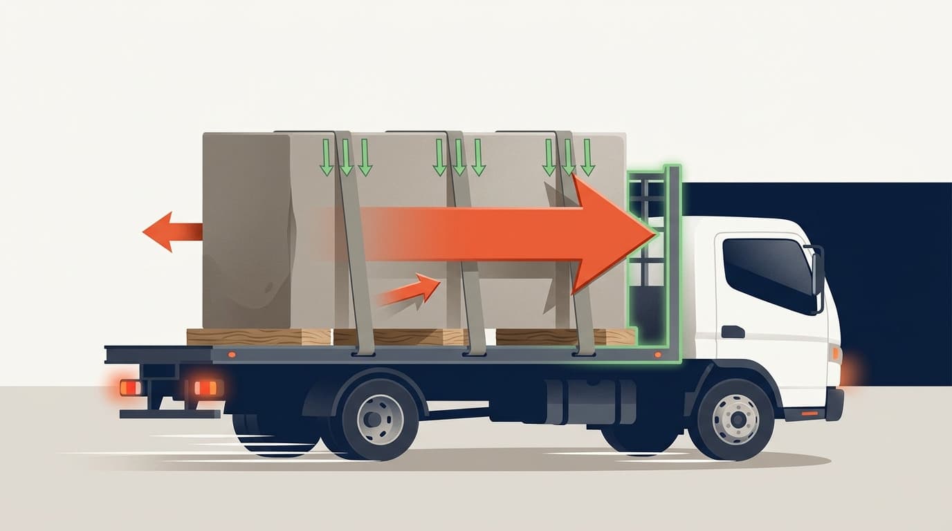 Illustration of a flatbed truck carrying strapped pallets of concrete blocks, with arrows showing forward inertia, downward strap tension, and sideways forces.