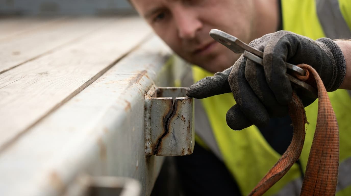 Close-up of a worker's gloved hands using pliers near a cracked, rusted metal tie-down point on a wooden flatbed trailer edge, orange strap nearby.