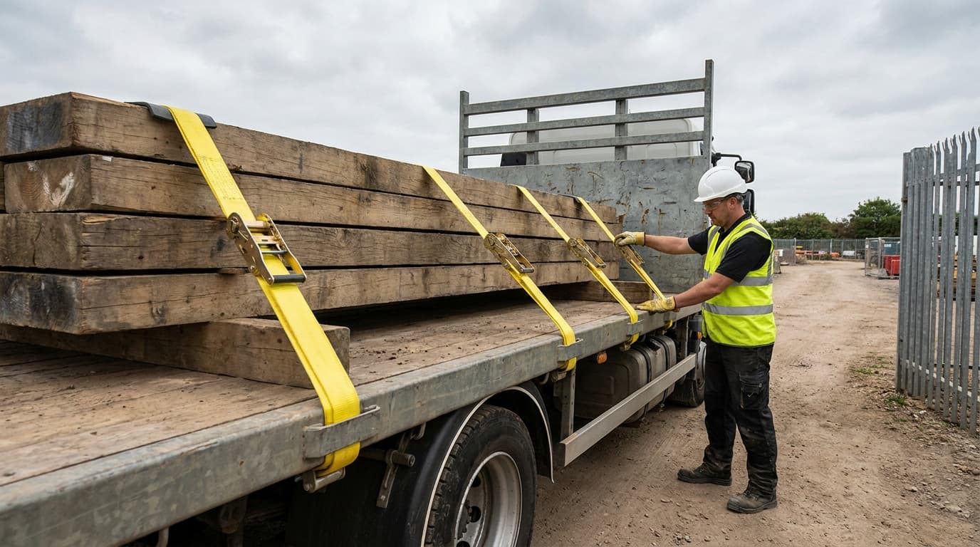Worker in hard hat and hi-vis vest tightening yellow ratchet straps over stacked wooden beams on a flatbed truck at an outdoor yard.