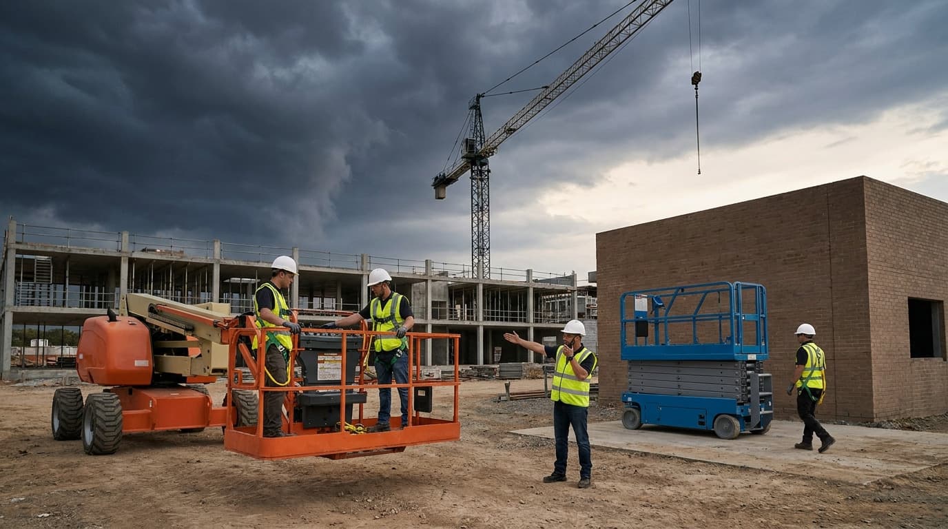 Trabajadores con casco y chaleco de alta visibilidad permanecen junto a una plataforma de brazo articulado y una plataforma de tijera en una obra de construcción, con nubes de tormenta oscuras y una grúa y un edificio sin terminar al fondo.