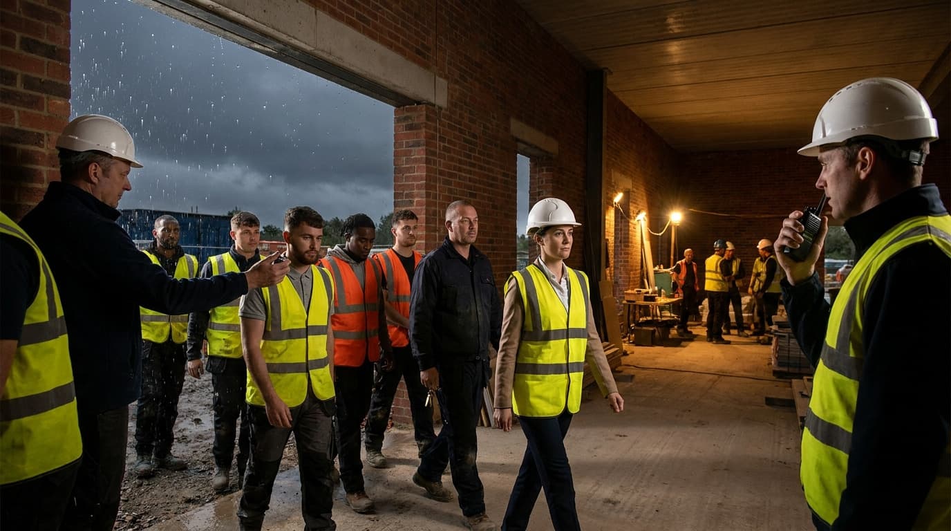 Un grupo de trabajadores con casco y chaleco de alta visibilidad se reúne bajo un pasillo cubierto de un edificio de ladrillo mientras llueve, uno de ellos habla por radio portátil.