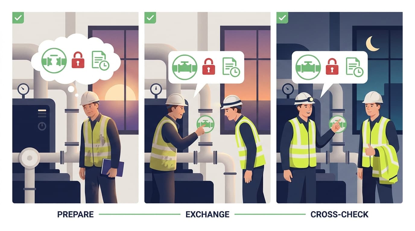 Three-panel illustration of workers in hard hats and vests labeled Prepare, Exchange, Cross-check, with icons for valve, lock, and log document at a pipe facility.