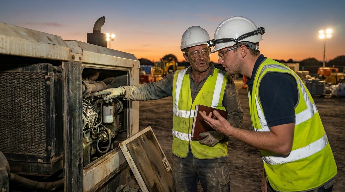 Two workers in hard hats and reflective vests examine an open generator engine compartment at dusk, one holding a binder, construction site in background.